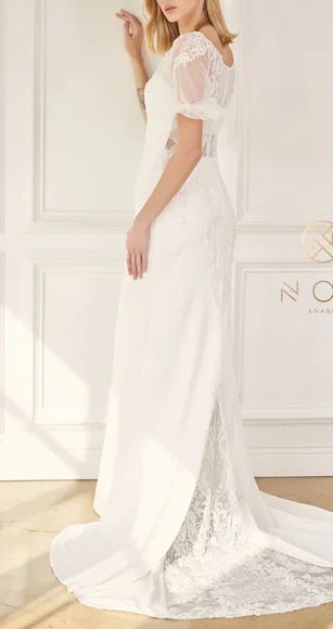 Short sleeve beaded lace long wedding dress - Picture 4 of 9